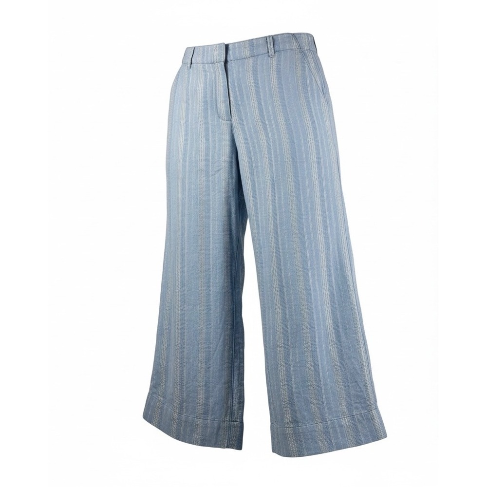 Tommy Bahama Womens Pants Crop Blue Silver Metallic Stripe Linen Wide Leg Size 8